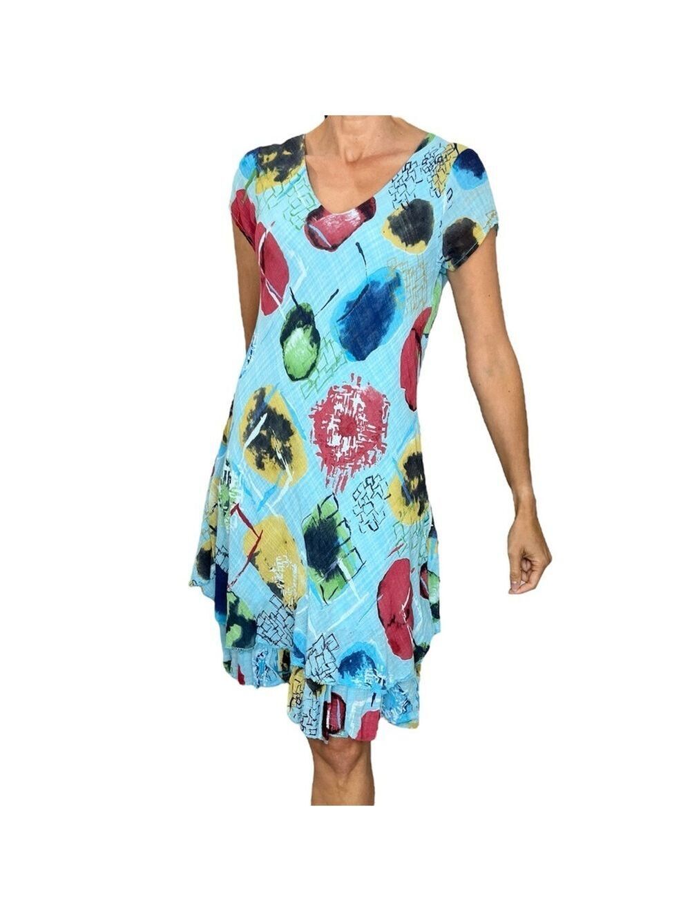Frocella Italy aquamarine blue fruit print cotton knee length summer dress OS